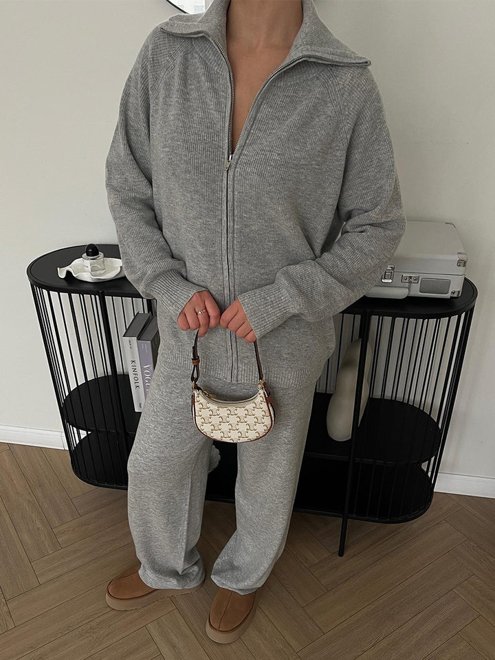 Bộ áo cardigan dệt kim khóa kéo phối quần dài ống rộng nữ — màu bột yến mạch, màu nâu, màu xám, trắng chi tiết 37
