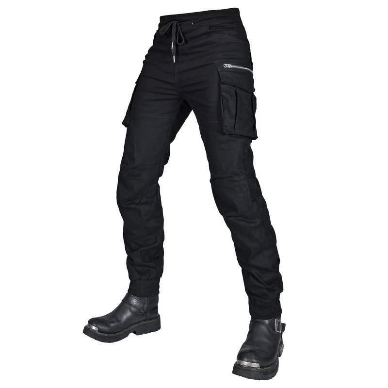 Pantalones de motocicleta VOLERO Vintage Pantalones de motocicleta Negro Multi-bolsas Pantalones anti-caídas Protector de silicona