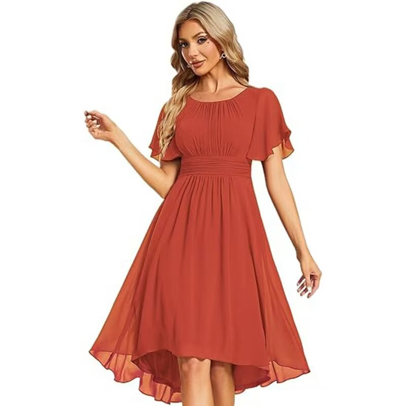 Amazon European and American Style Women's Round Neck Short-Sleeved Wedding Guest Elegant Evening Gown Chiffon Bridesmaid Dress