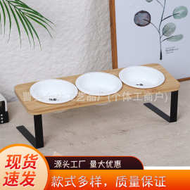 现货简约木质宠物猫碗架陶瓷双碗斜口护颈猫食盆架防打翻宠物碗架