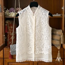 重磅精品 新中式欧根纱蕾丝花朵刺绣立领盘扣背心马甲上衣V03046