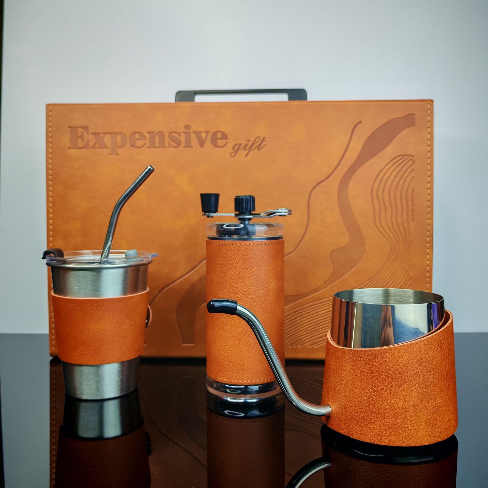 Set de cafetera de lavado de mano, cafetera de café de cuero de alta calidad, caja de regalo de negocios, molinera de frijoles de mano