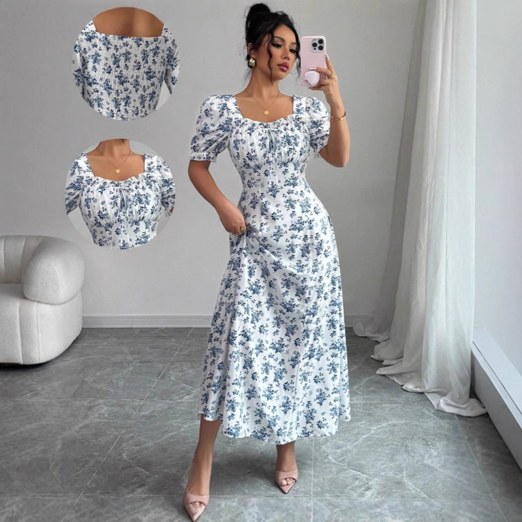 Cross-Border Foreign Trade European and American Women's Clothing Amazon 2026 Summer Fashion Elegant U-Neck Short-Sleeve Printed Flared Dress