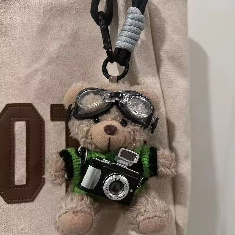 Cámara flash osos colgantes bolsos de peluche muñeca tela muñeca pareja llaveros regalo de cumpleaños creativo