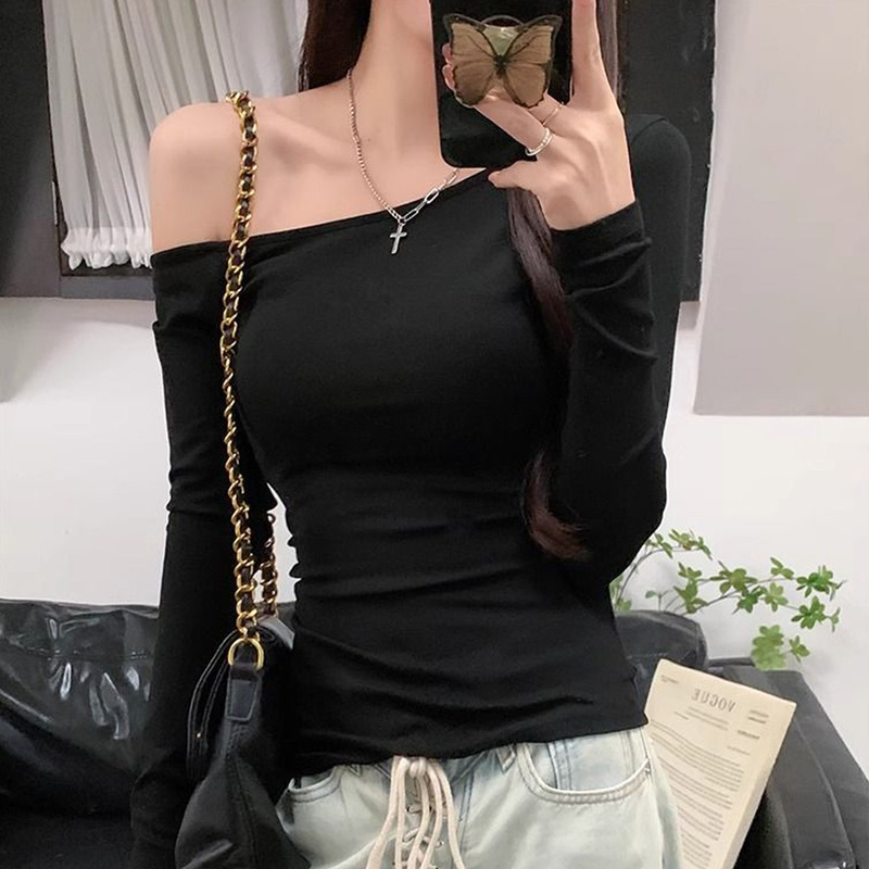 Early Autumn Thin High-End Pure Cotton Black Slanted Shoulder Long-Sleeved Women's T-Shirt with Off-Shoulder Slim Bottoming Shirt Top Winter