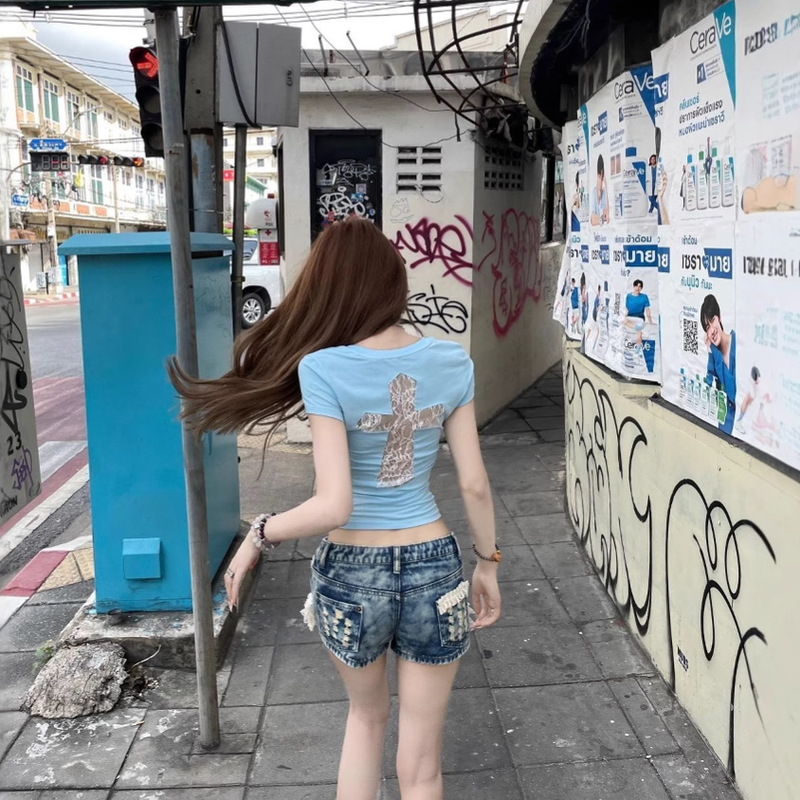 Pure Desire Style Cross Stitch Lace Hollow Short Sleeve T-Shirt for Women, Summer Hot Girl Slim Fit Dopamine Stunning Top