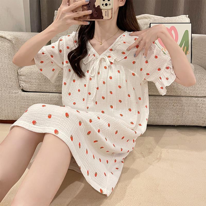 可外穿透气卡通亲肤#纯棉纱布简约睡裙V领公主风短袖裙家居服|ms