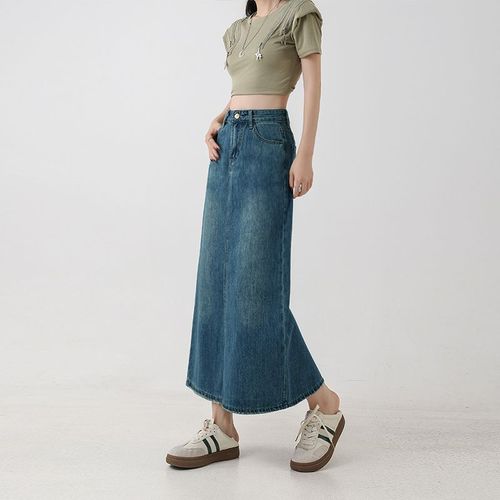 Half-length Vintage Blue High-Waist A-Line Denim Skirt for Women, Trendy and Slimming, 2025 Summer Collection