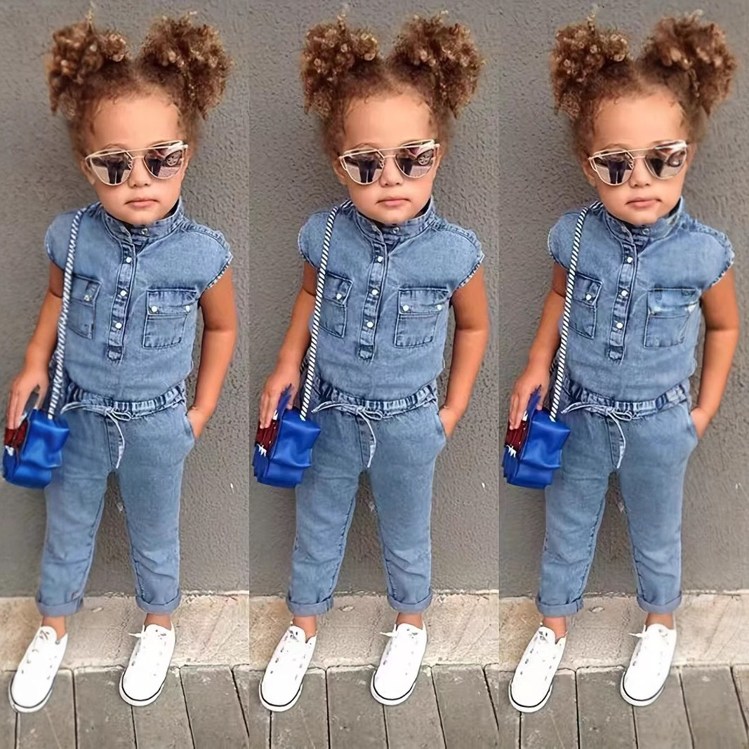 Cross-border Girls' Denim Clothes European and American Fashion Girls' Casual Denim All-in-one Clothes with Collar for Children's Denim