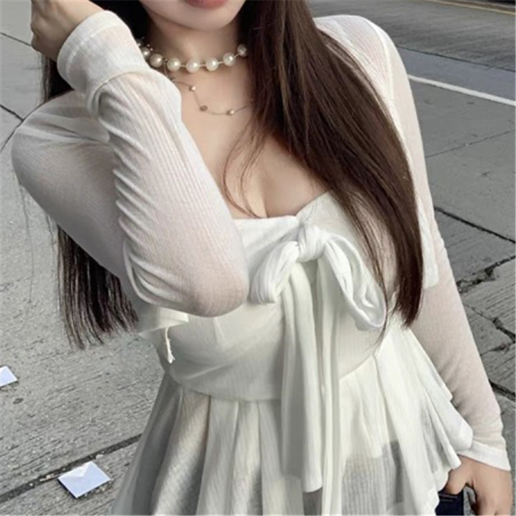 甜心少女气质纯色蝴蝶结修身纯欲吊带T恤+长袖开衫两件套装上衣女|undefined