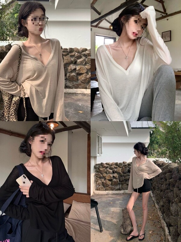 Lazy Style Loose Sun-Protective Thin Cover-Up Shirt, Summer Slightly Sheer V-Neck Long-Sleeve T-Shirt for Women, Casual and Stylish White Top