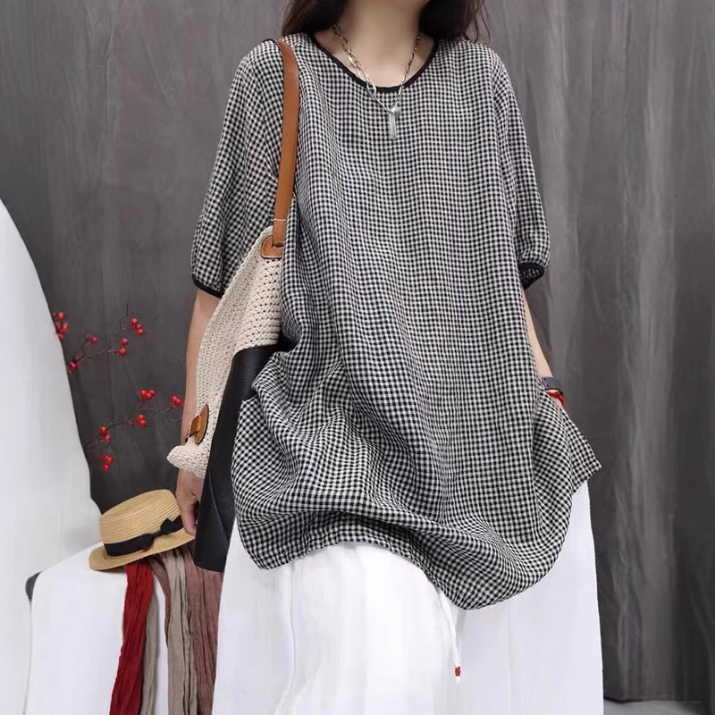 2026 New Vintage Loose Oversized Artistic Top Plaid Casual Versatile Mid-Sleeve Shirt