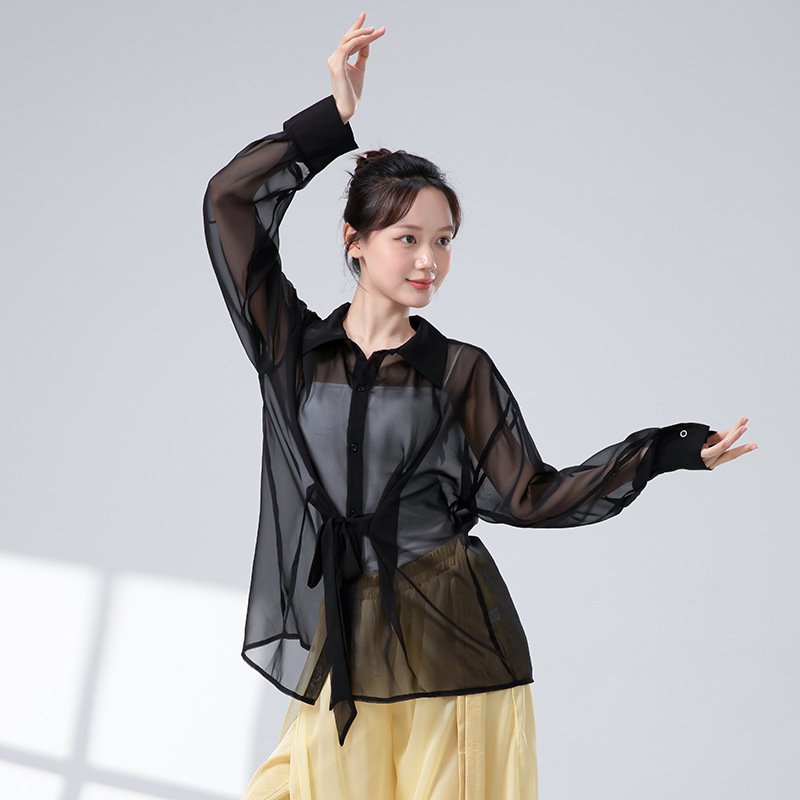 女性用モダンダンス練習服、女性用新作レースアップ日焼け止めシャツ、軽くて薄いカーディガン、エレガントで妖精のようなダンストップ|undefined