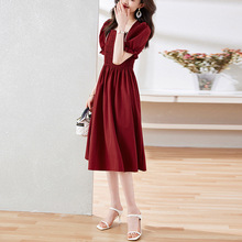 法式紅色連衣裙女2023夏季新款收腰顯瘦氣質小清新仙女雪紡長裙子