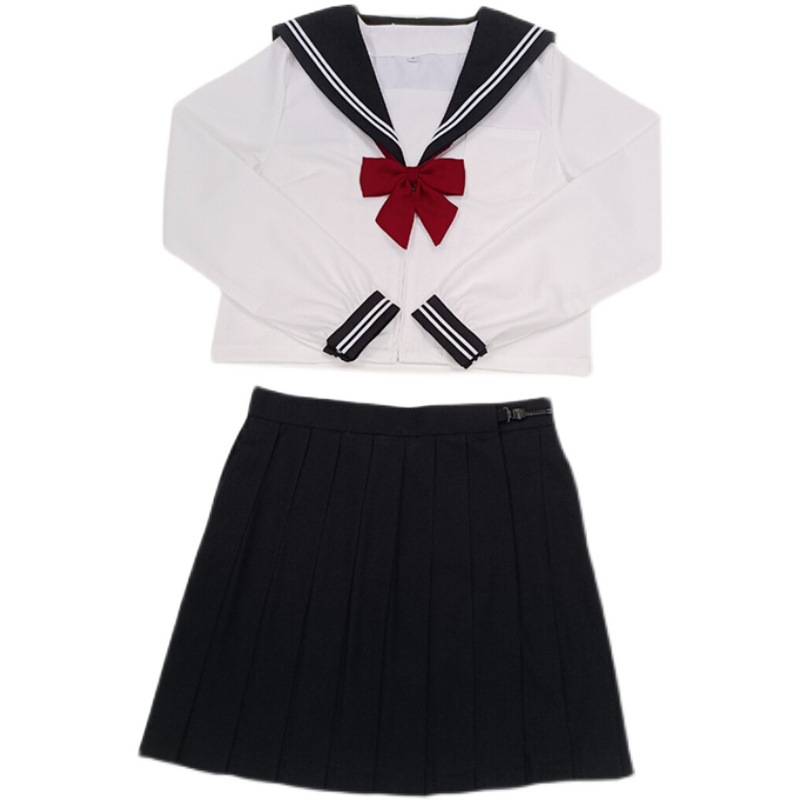 진품 JK 유니폼 스커트 선원 세트 일본 기본 반팔 세트 봄과 여름 학교 아치 중학교 세트 여성 해군 스타일