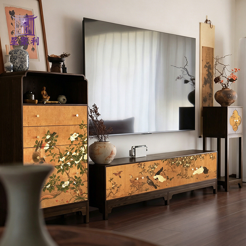Song-style aesthetic solid wood TV cabinet with ancient flower, bird, and animal paintings, combined living room cabinet with Zen-inspired storage and flower rack
