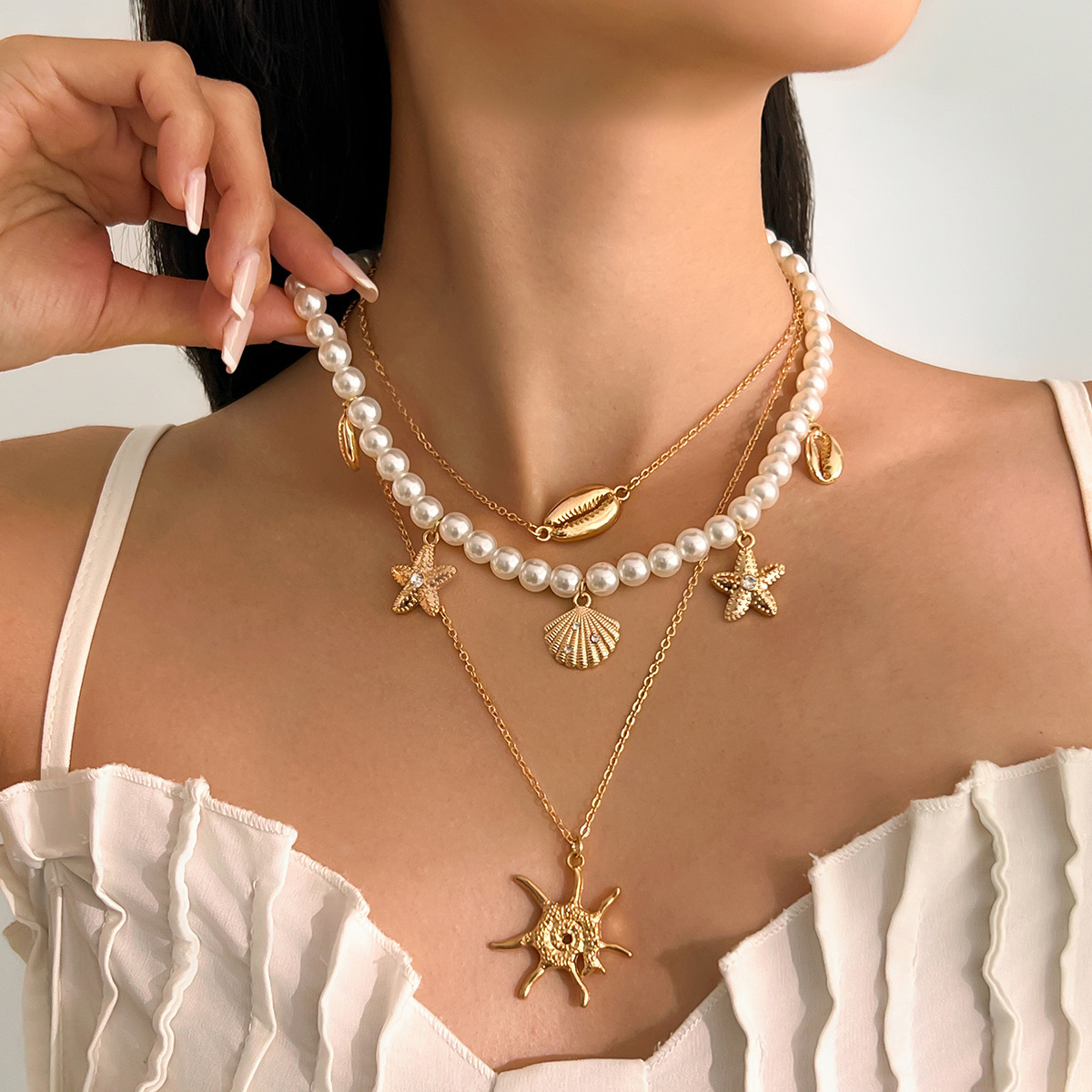 Copper Chain Material Hawaiian Starfish Imitation Pearl Alloy Copper Beaded Chain Beaded Necklaces Wholesale