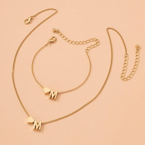 Euro-American Ins English Letter Jewelry Set Retro Fashion Metal Heart Letter M Necklace Bracelet Set for Women