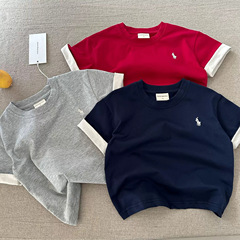 子供用半袖Tシャツ 2026夏 男の子用 日本風ポニーロゴ入り コントラストカラーTシャツ ベビー・幼児用 綿半袖 女の子用 おしゃれTシャツ トレンド