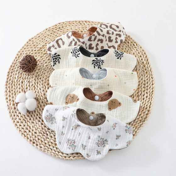 New 6-layer Thick high quality Baby Cotton Crepe Slippery Towel Printed 360 Clouds Wave Bib Bib