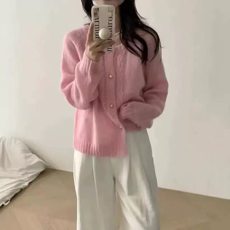 2025秋冬新款圆领麻花薄款针织开衫女宽松显瘦气质清新风毛衣外套|undefined