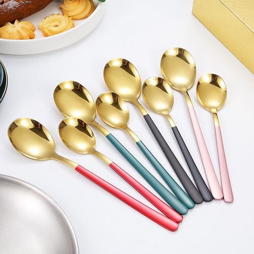 304 stainless steel spoon Korean thickened dessert spoon coffee spoon long handle stirring spoon household eating spoon