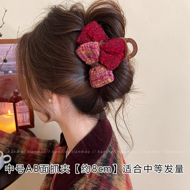 小香风ab双面蝴蝶结毛绒抓夹女后脑勺高级感盘发夹鲨鱼夹头饰发卡|undefined