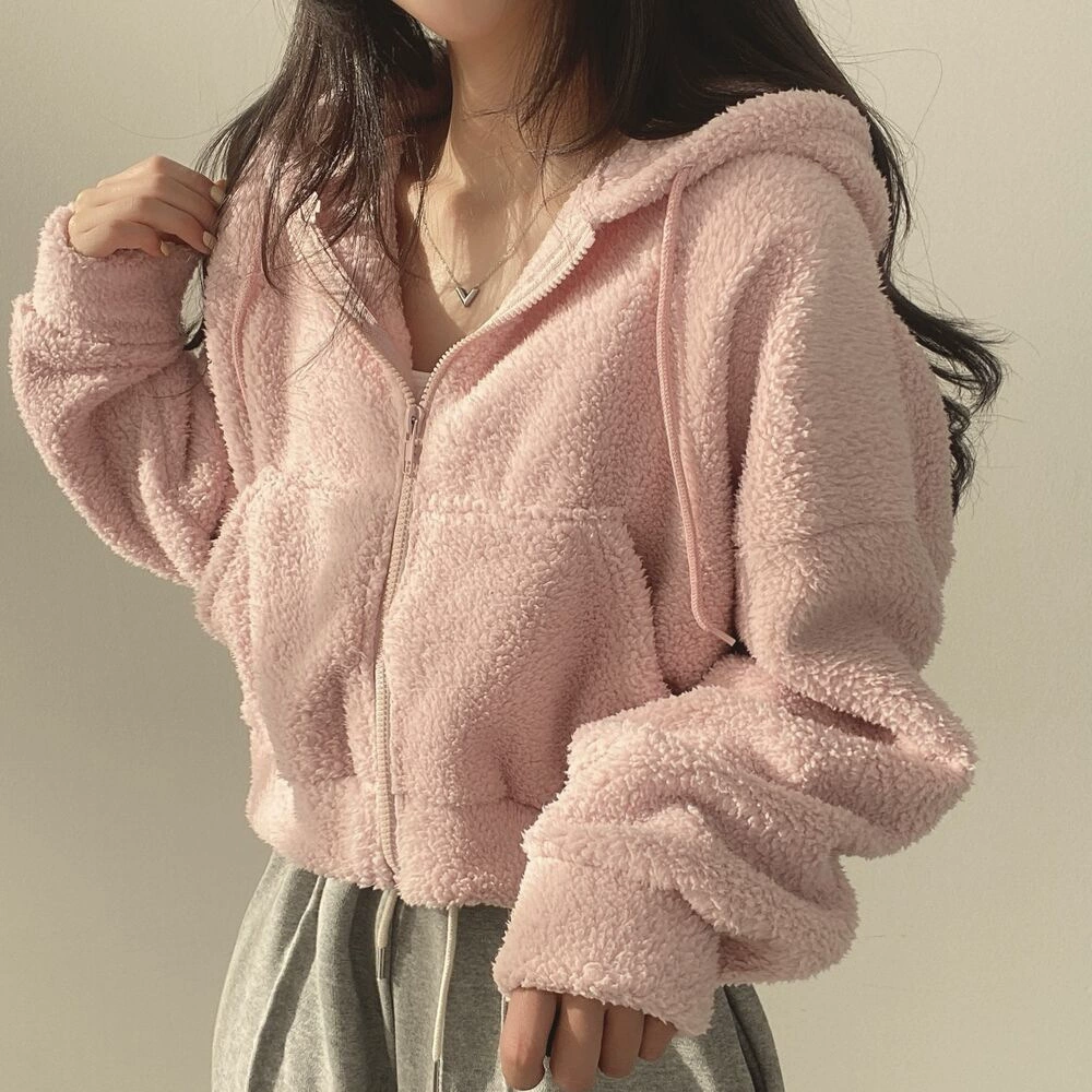 Женский свитшот из овечьей шерсти 2025 осень-зима утепленная теплая меховая куртка короткая с капюшоном на молнии модная женская одежда
