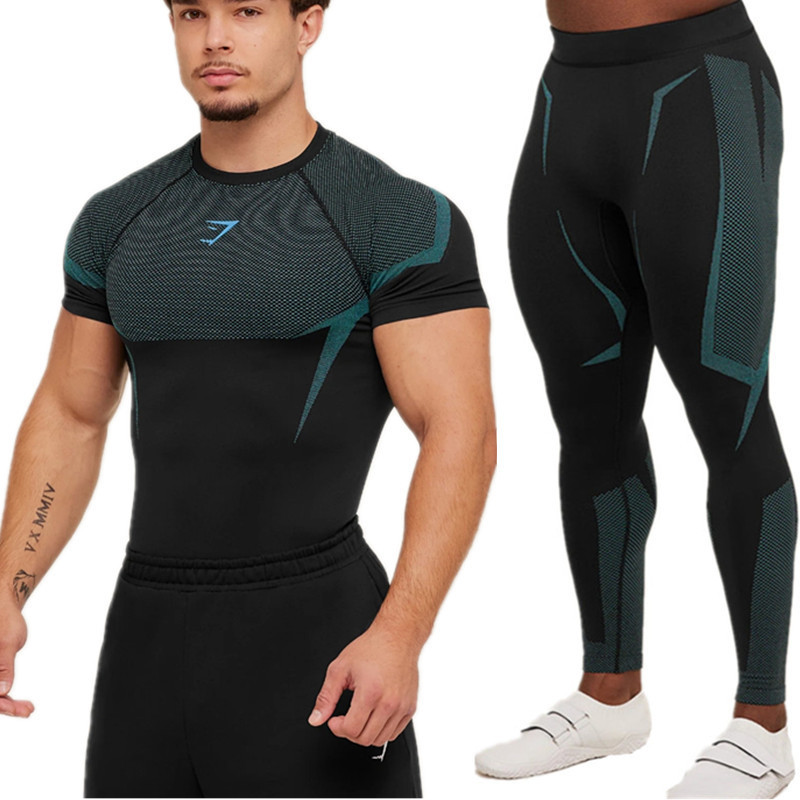 Gym Cross-Border New Outdoor Tights Quick-Drying Sports Fitness Suit Casual Running Printed Men's Two-Piece Set