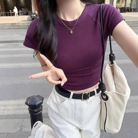 含棉紫色短袖T恤女装夏季紧身显瘦打底衫短款甜辣妹纯欲上衣外贸