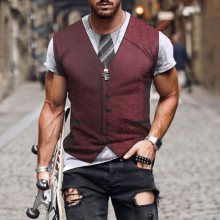 跨境 夏季男士短袖t恤 潮牌男装体恤 假西装领结个性印花圆领t恤