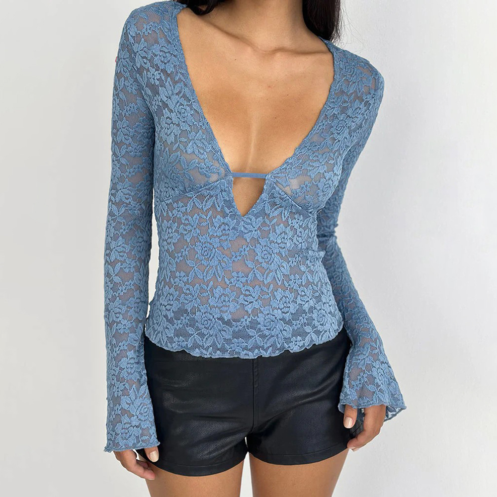 Europa y los Estados Unidos comercio exterior ropa de mujer 2026 nueva moda bajo pecho camiseta de manga larga camiseta de encaje sexy perspectiva blusa al por mayor image 3