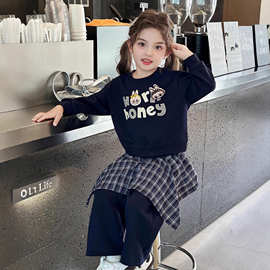 女小童运动衣服卡通印花拼接卫衣秋装中大童春秋新款格纹皮帘套装