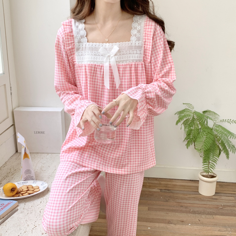 Estilo japonés Rosa Plaid pijamas para las mujeres primavera y otoño dulce princesa estilo manga larga más tamaño grasa M homewear