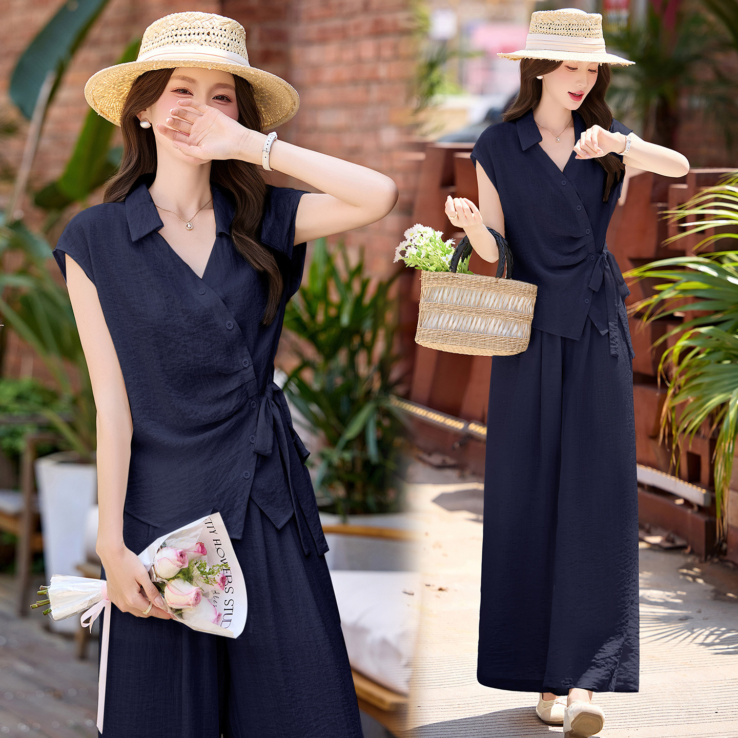Bộ quần áo nữ hai mảnh gồm áo sơ mi eo thon và quần ống rộng, thiết kế thanh lịch mùa hè 2026 — Xanh lông mòng đen, màu mơ