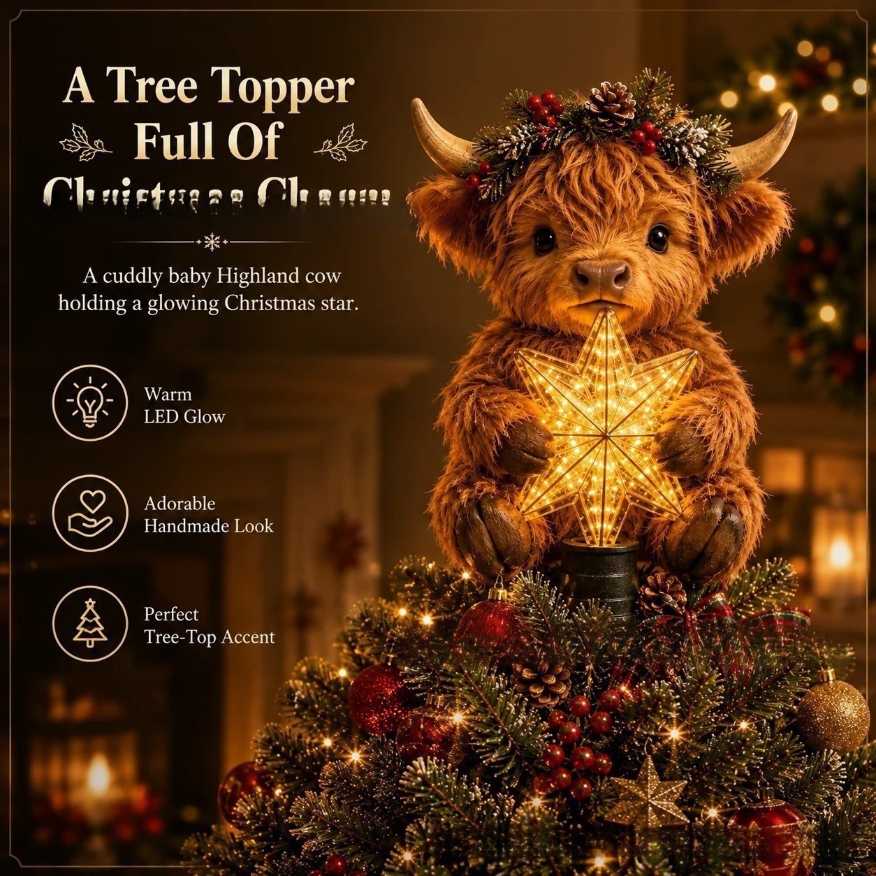 新热销精致造型Highland Cow Glowing Tree Topper高地牛树顶装饰产品实拍图