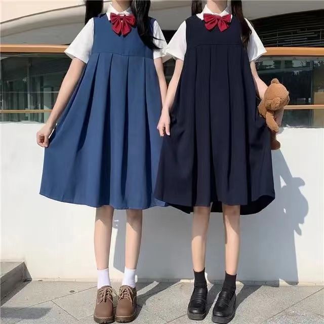 (2개) 봄과 가을 대학 스타일 셔츠 JK 유니폼 활 스트랩 원피스 여학생 느슨한 중간 길이 투피스 세트