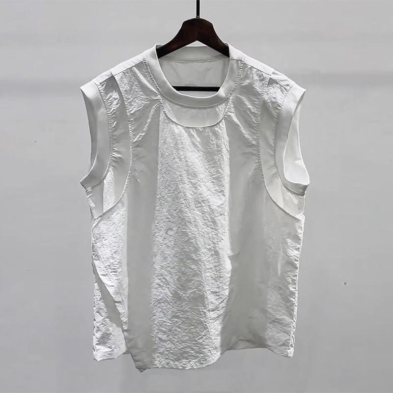 White Seersucker Fake Two-Piece Vest Men's Summer Asymmetrical Sleeveless T-Shirt Ice Silk Quick-Drying Sports Old Man's Shirt