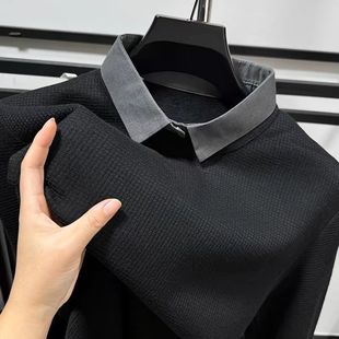 Autumn and Winter New Men's High-End Fake Two-Piece Velvet Sweater Thickened Casual Fashion Light Flow Bottoming Shirt