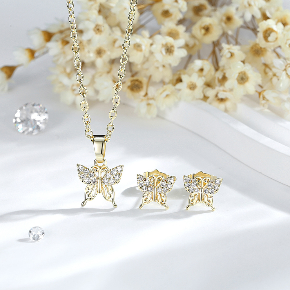 Amazon venta caliente mariposa juegos de joyería damas cobre oro 14K zircon colgante collar pendientes joyería al por mayor image 5