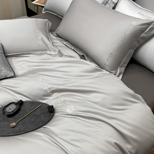 Light luxury washed ice silk bed four-piece set embroidered high-end Tencel bed sheet quilt cover fitted sheet three-piece bedding set wholesale