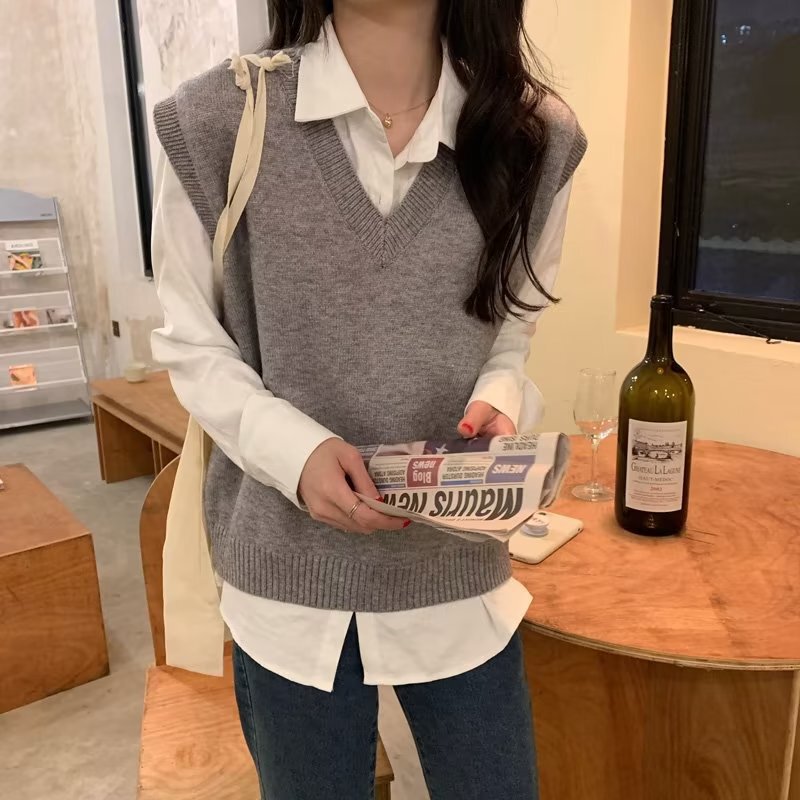 Spring, Autumn and Winter Korean Style College Easiest for Match Black Knitted Vest Women's Layered Loose V Neck Sweater Vest with Waistcoat
