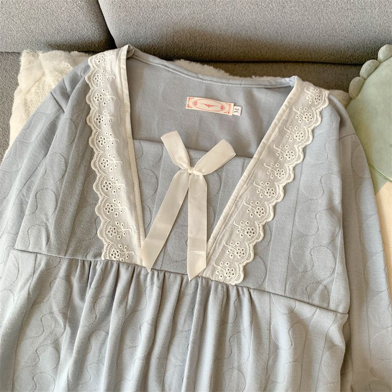 2025 nuevo pijama de mangas largas de mujeres otoño invierno algodón de punto encaje dulce princesa ropa de estilo W3118 azul