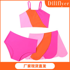 新款女童三件套裙撞色溫泉泳裝可愛沙灘裝歐美兒童泳衣廠家批發