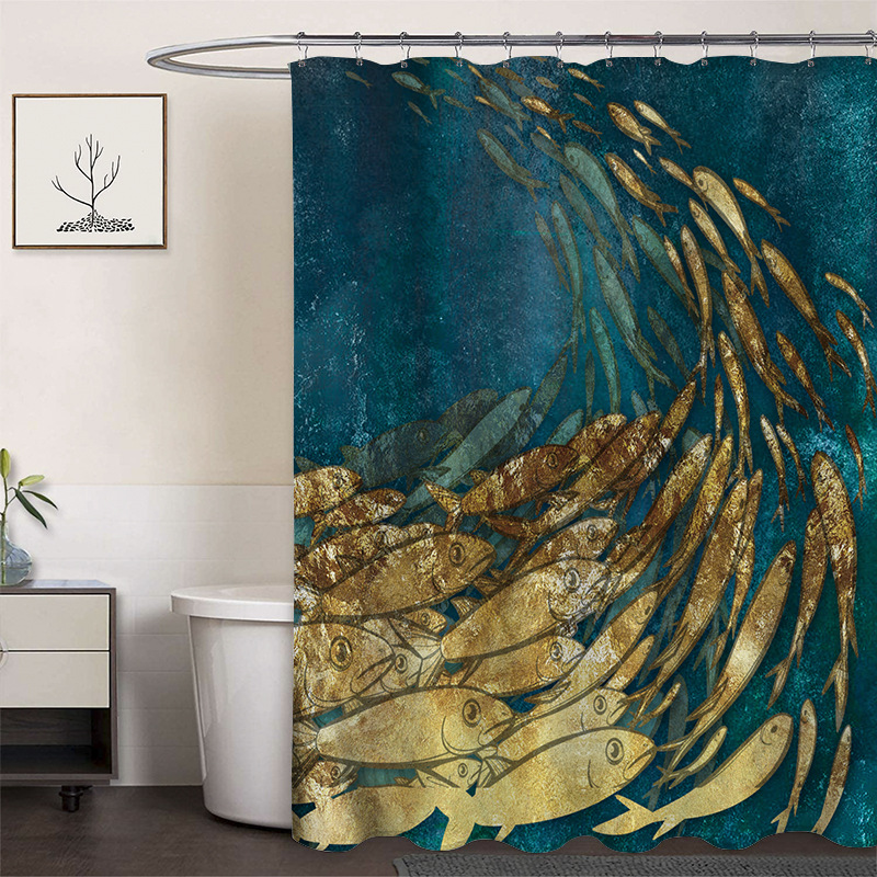 Cortina de ducha de poliéster impresa con hebilla de cortina de ducha de plástico baño cuarto de baño cortina de partición impermeable a prueba de moho