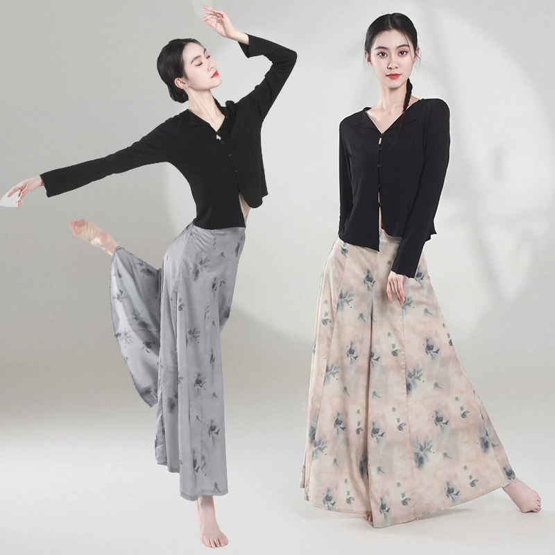 Классическая танцевальная одежда, женский новый национальный стиль, ежедневные фотографии, танцы, черные топы, широкие юбки, брюки, национальный стиль, популярный в этом году