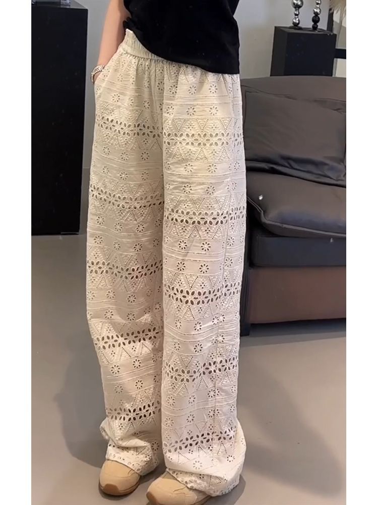 Plus Size High Waisted Lace Hollow Out Wide Leg Pants Summer Thin Loose Slimming Casual Straight Leg Pants For Women_ecoleips.com