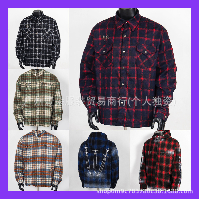 Thug Club Heavy Sword Embroidered Flannel Plaid Hooded Jacket Washed Distressed Casual Couple Jacket