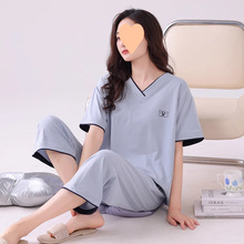 睡衣女款2025新款夏季夏天休闲短袖七分裤夏款粉格家居服套装
