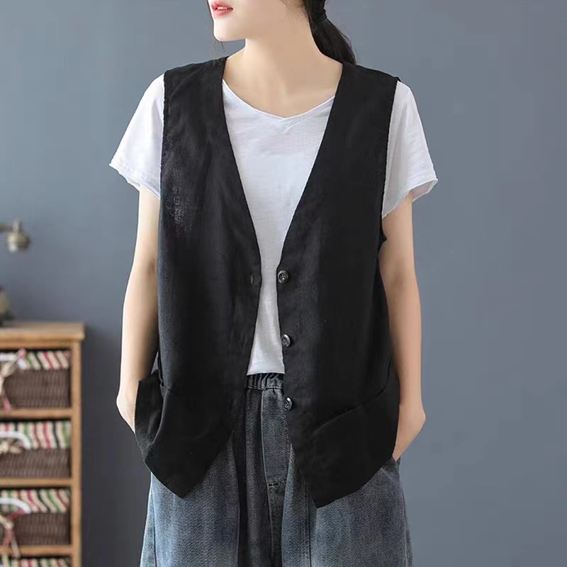Chaleco de algodón y lino, chaqueta pequeña, verano para mujer 2025, nuevo estilo, chaleco fino, chaleco informal suelto y delgado